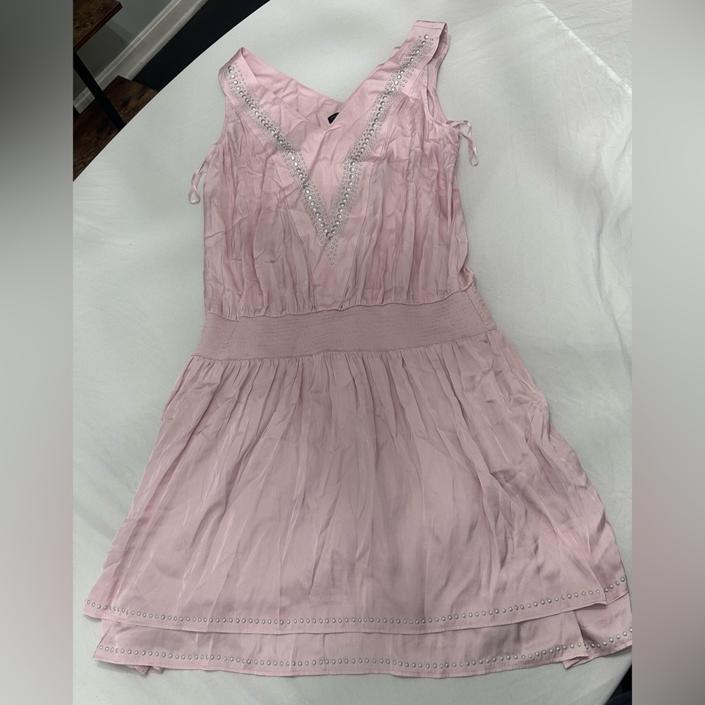 Pink Sleeveless Dress with Embellished V-Neck